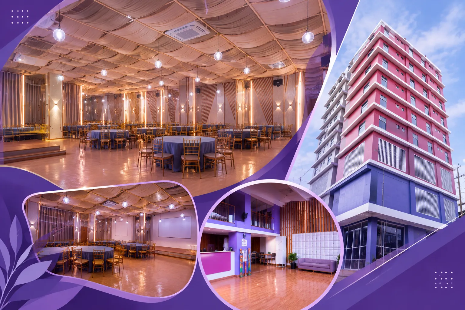 Collage of Hotel Mo Taguig event and function spaces, showing seminar, party, and celebration setups